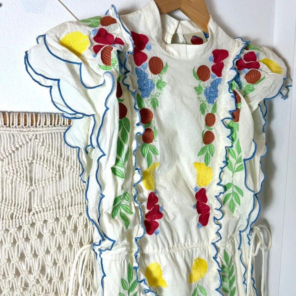 Farm Rio Anthropologie Garden Southern Cute Embroidered Cream Fruit Fern Dress S - Picture 6 of 13